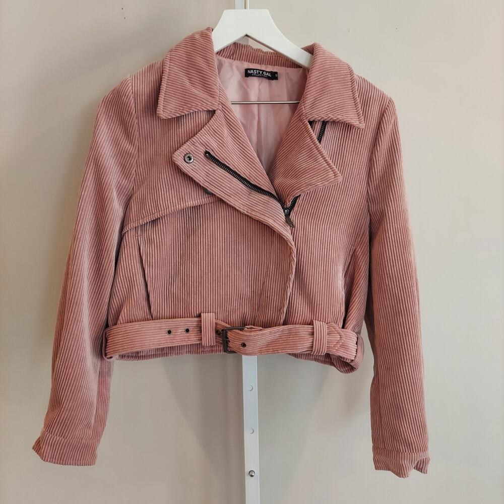 Nasty Gal Cropped Jacket Size Small Corduroy Pink Asymmetrical Moto